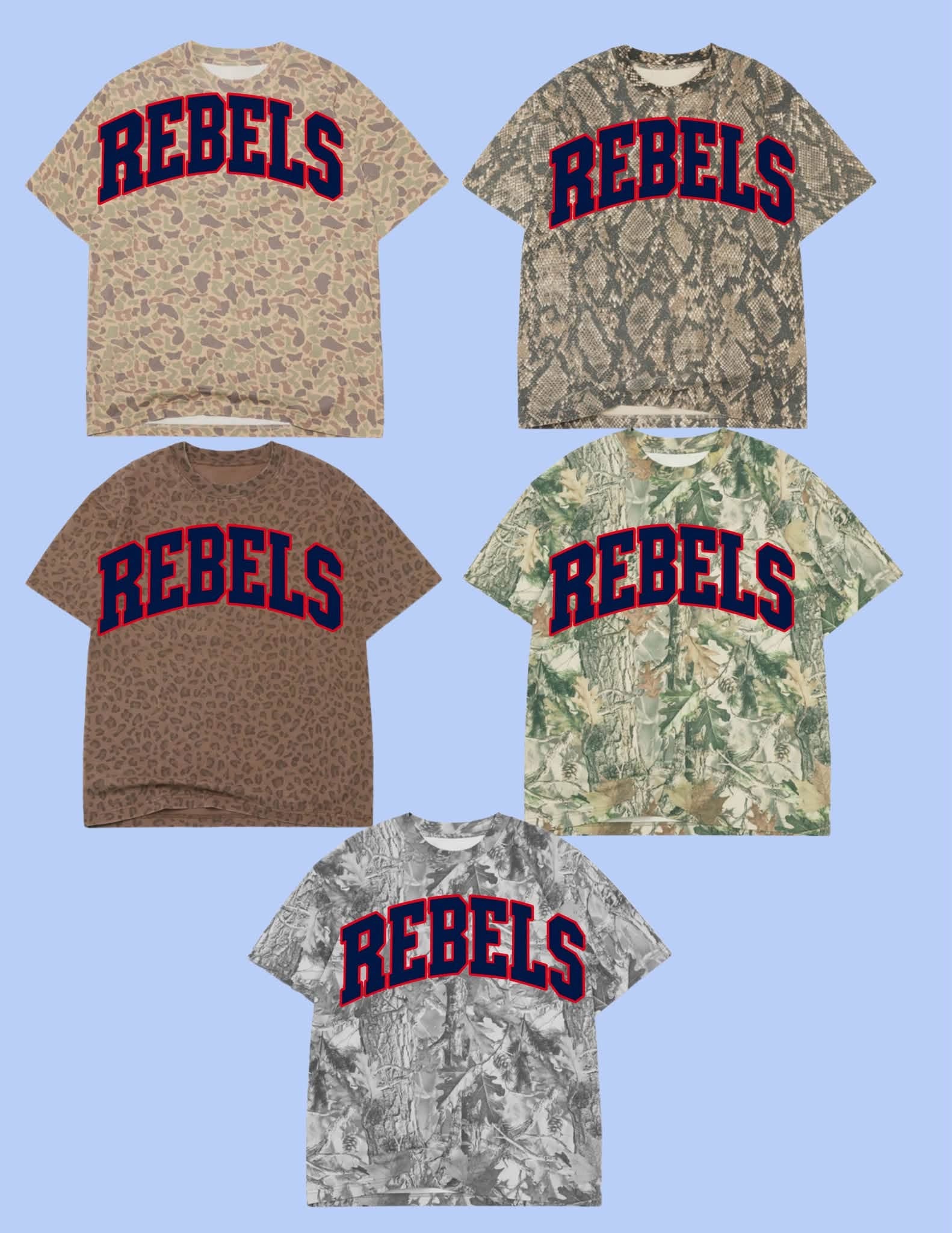 REBELS varsity arch tee- red outline, navy fill