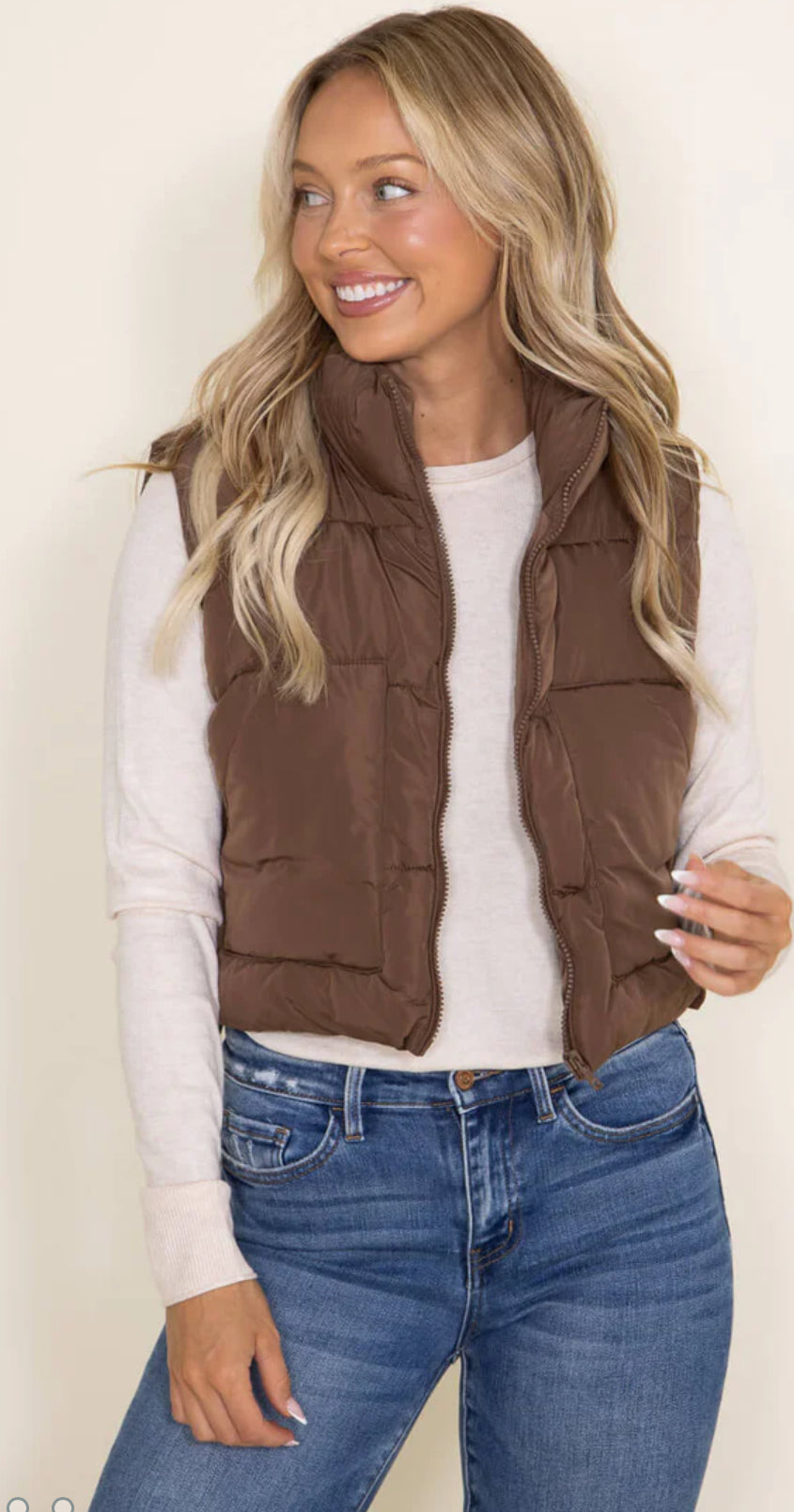 DOORBUSTER Love Tree Front Pocket Cropped Puffer Vest for Women in Brown