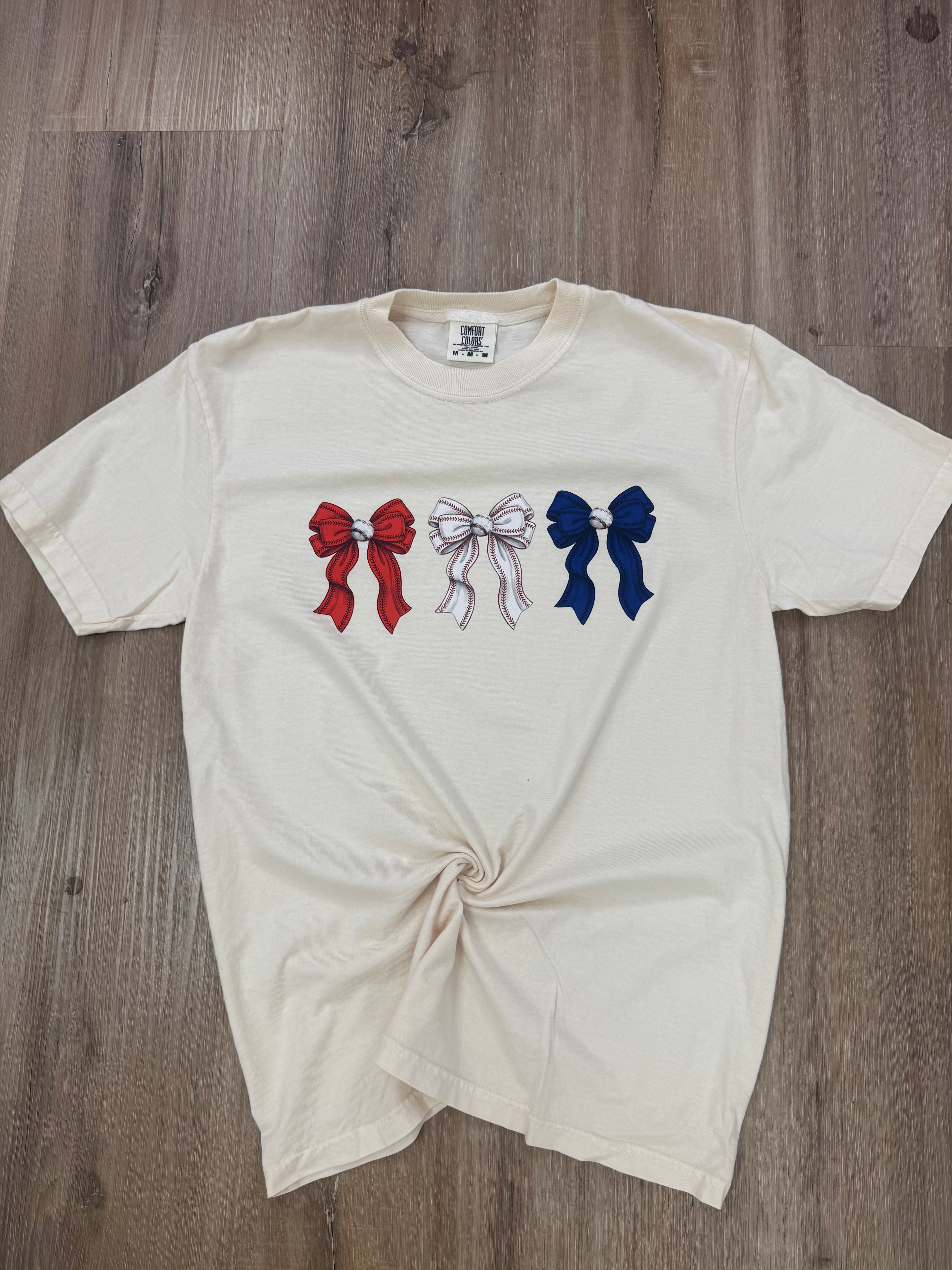 Red, Blue, and Baseball Bows on Ivory