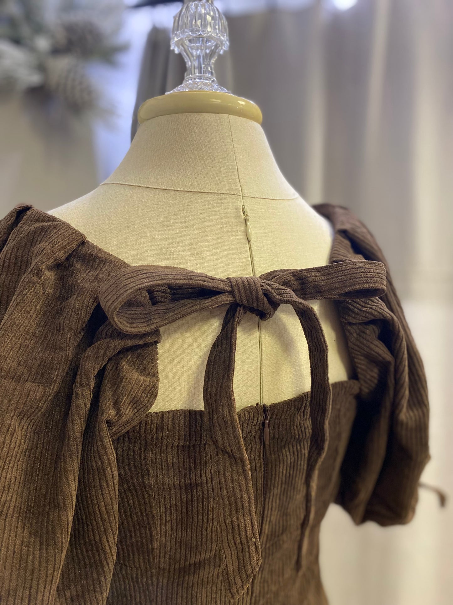 Corduroy Square Neck Puff Sleeve Mini Dress With Ties