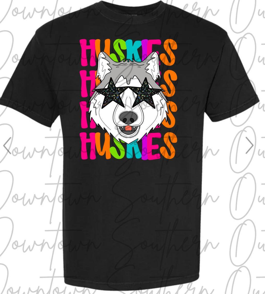 Huskies Multi Color Neon Stacked Black Tee