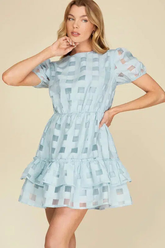 HALF PUFF SLEEVE CHECKERED ORGANZA RUFFLED DRESS