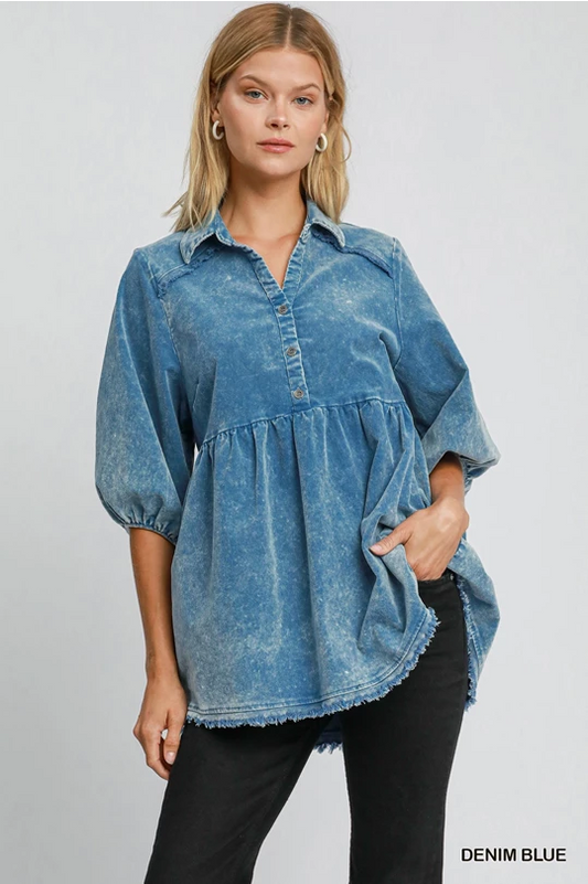 Denim Blue Stone Washed Corduroy Tunic Dress