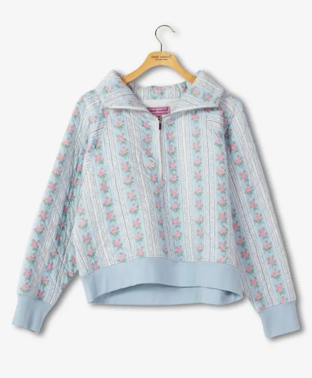 Pink and blue floral half zip pullover