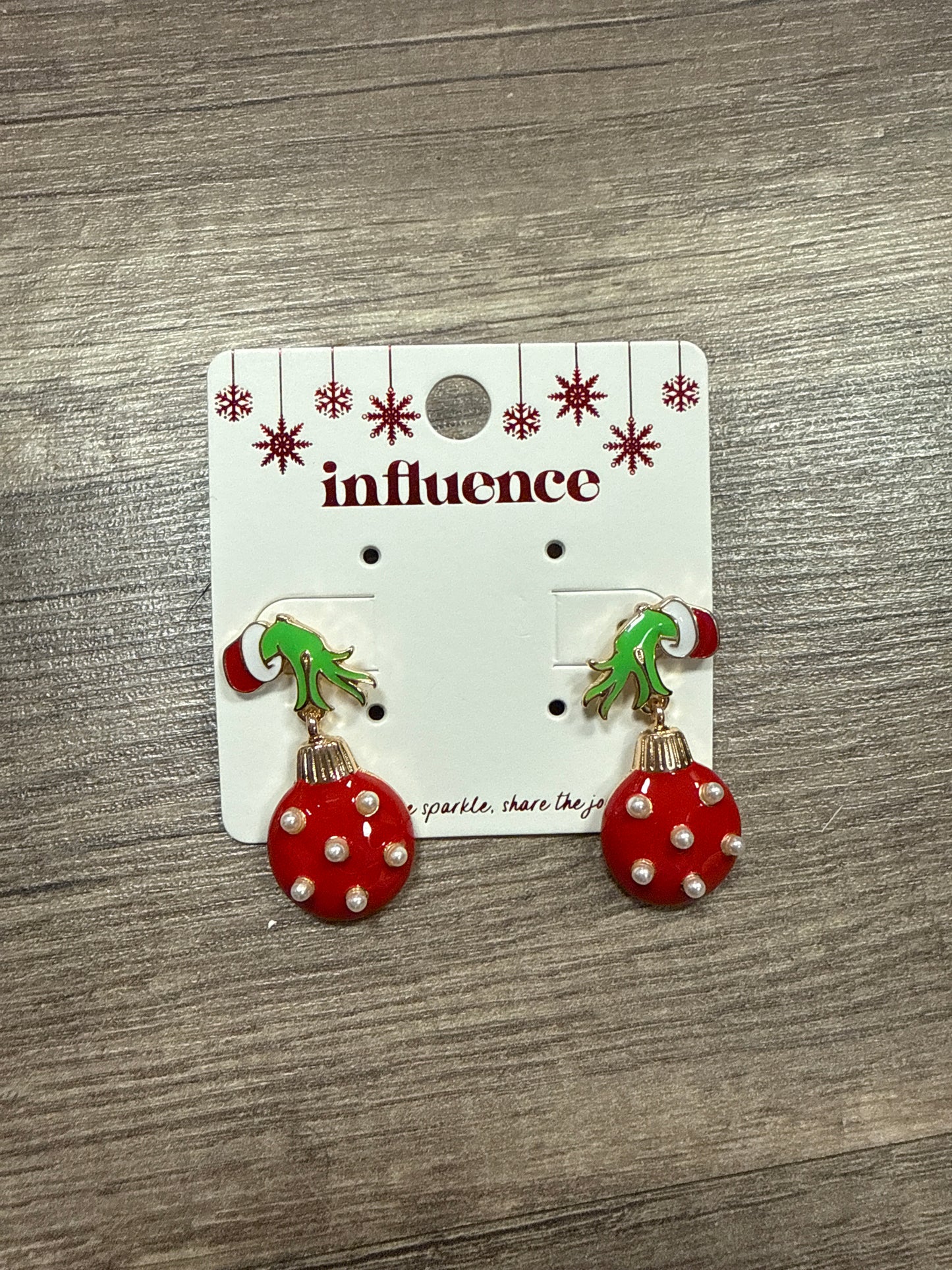 Grinch Hand With Pearl Ornament- RED