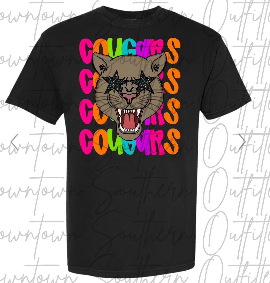 Cougars Multi Color Neon Stacked Black Tee