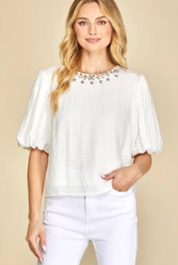 PUFF SHORT SLEEVE RHINESTONE BEADED WOVEN TOP