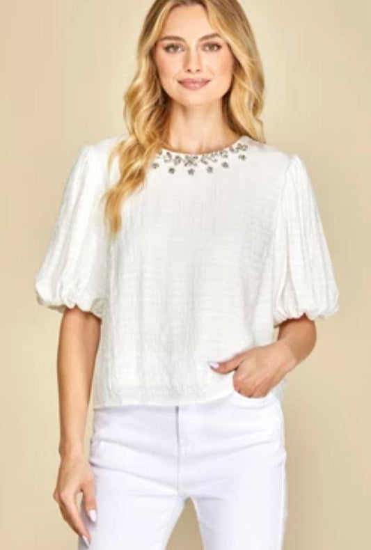 PUFF SHORT SLEEVE RHINESTONE BEADED WOVEN TOP