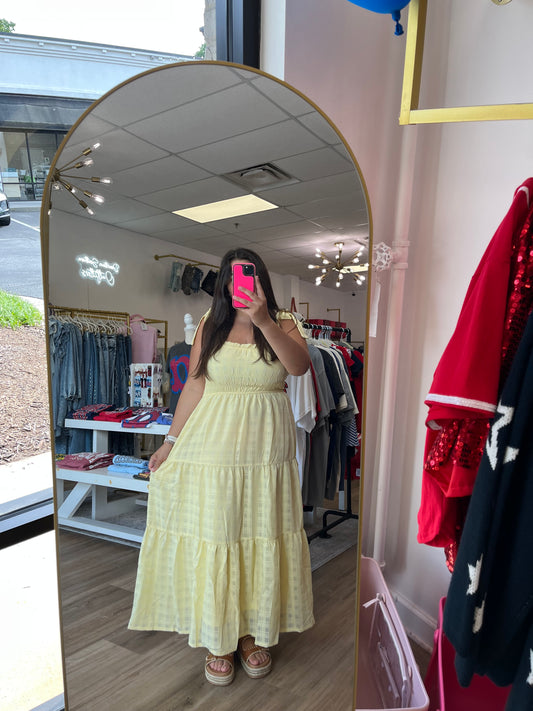 Lt. Yellow Sleeveless Tie Strap Textured Woven MIDI Tiered Dress W/ Pockets and Full Lining