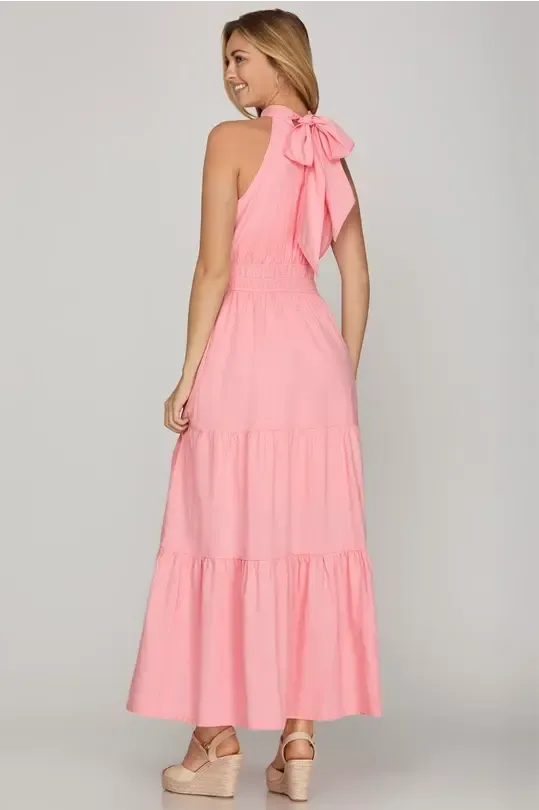 PINK HALTER WOVEN PINTUCK TIERED MAXI DRESS WITH ELASTIC WAIST BAND AND POCKETS