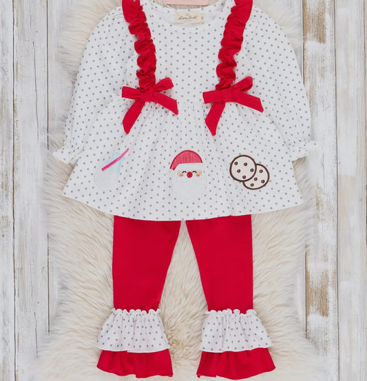 Youth Red Embroidered Santas Milk and Cookies Ruffle Outfit