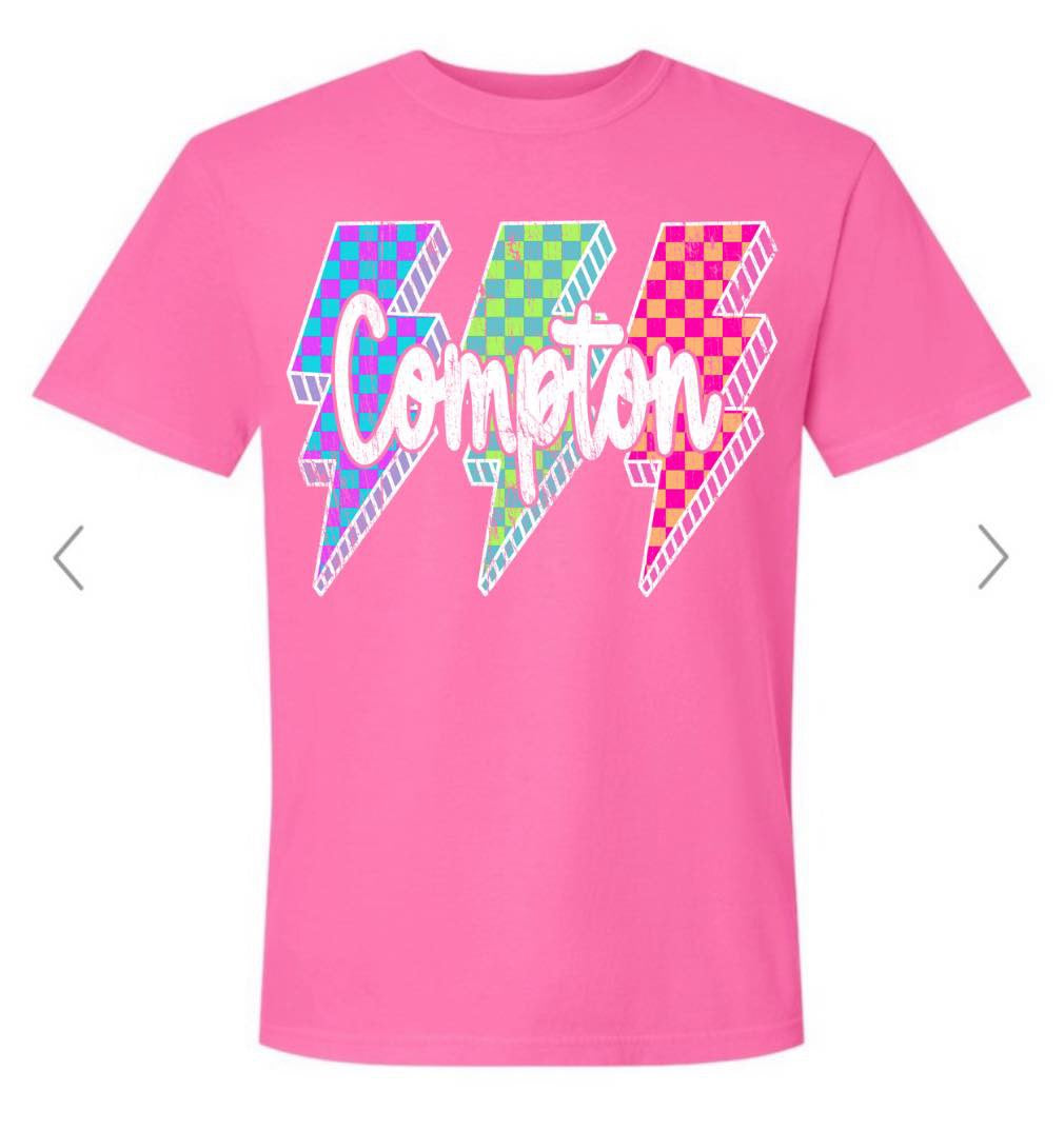 COMPTON NEON LIGHTNING BOLTS ON PINK GILDAN