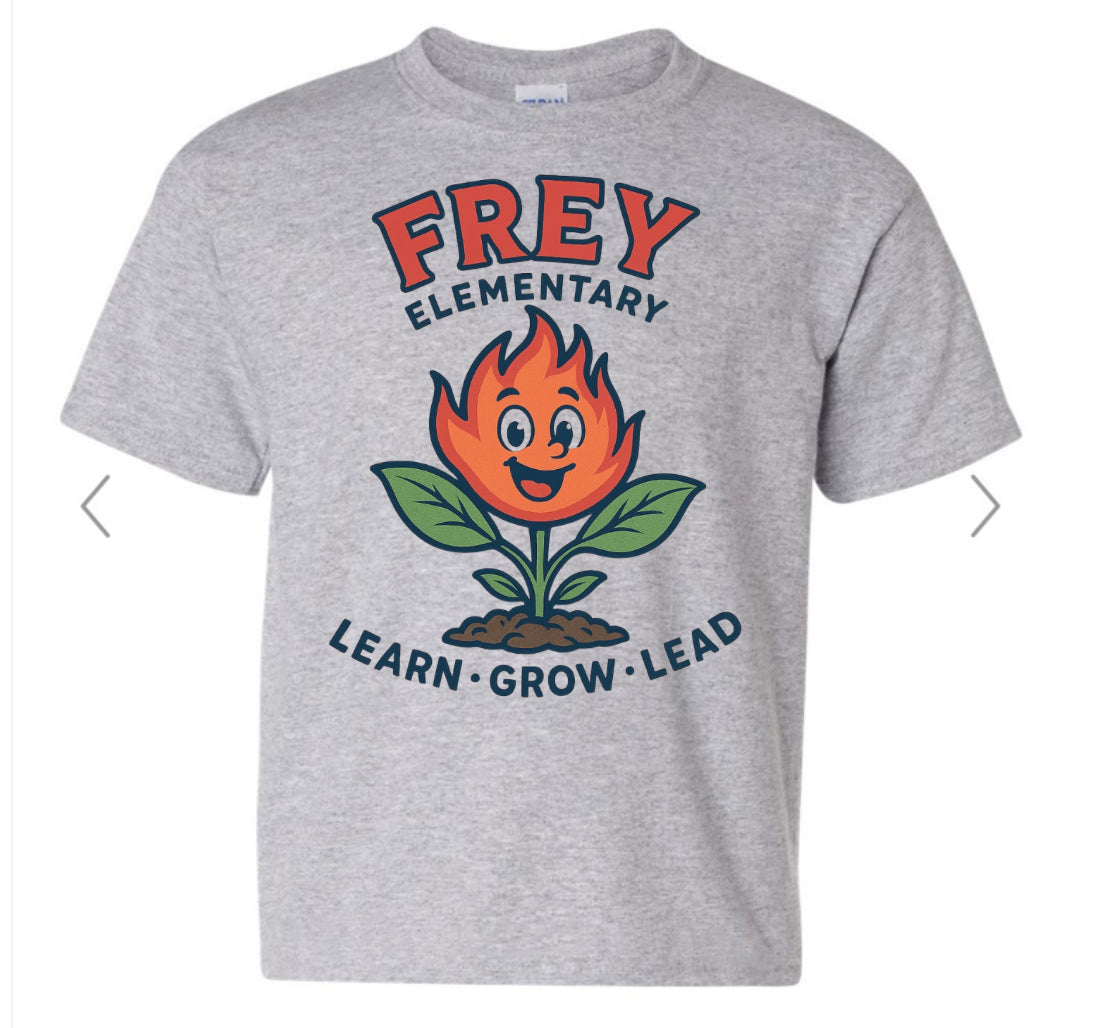 FREY ELEMENTARY- learn grow lead, flame with plant growing, on sport grey