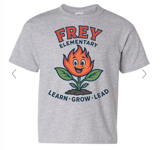 FREY ELEMENTARY- learn grow lead, flame with plant growing, on sport grey
