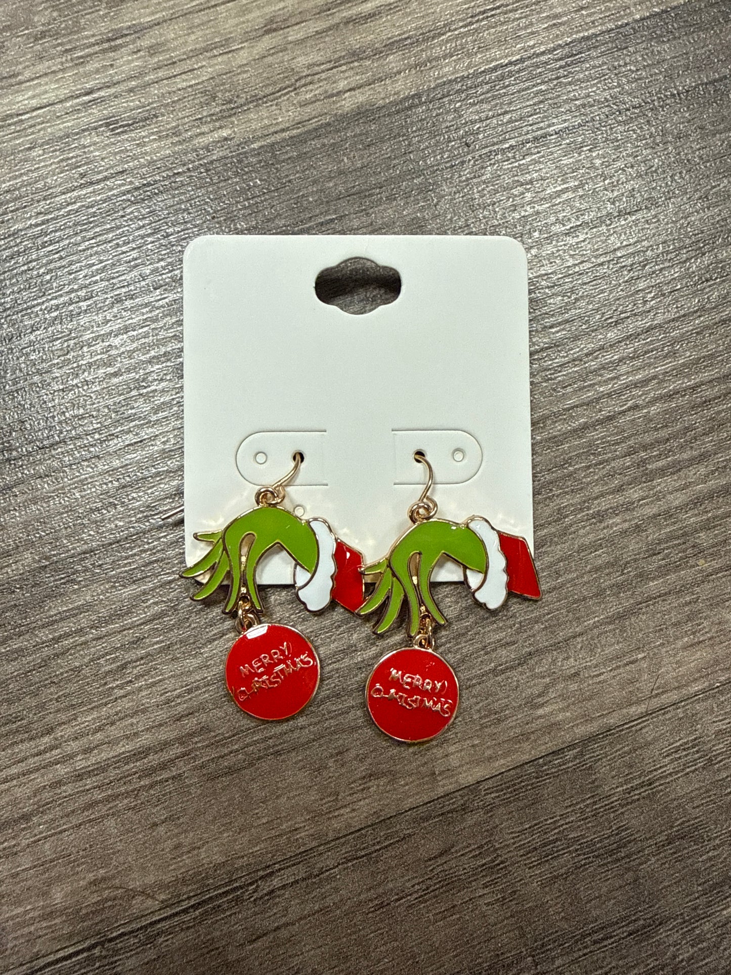 Grinch Hand Ornament Dangle earrings -“merry Christmas version”