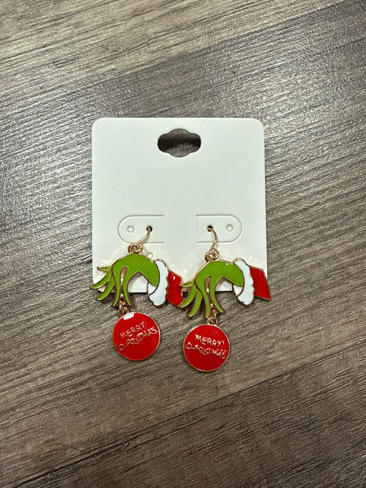 Grinch Hand Ornament Dangle earrings -“merry Christmas version”