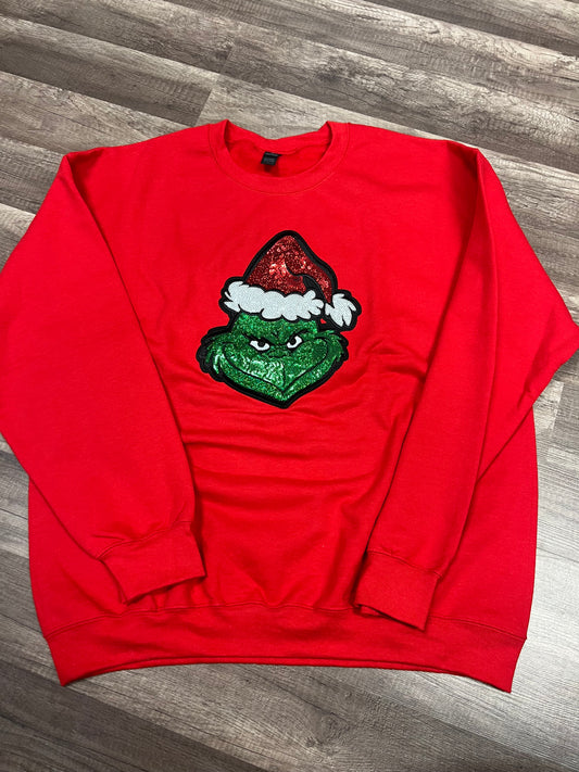 Grinch Face Sequin Embroidered Sweatshirt