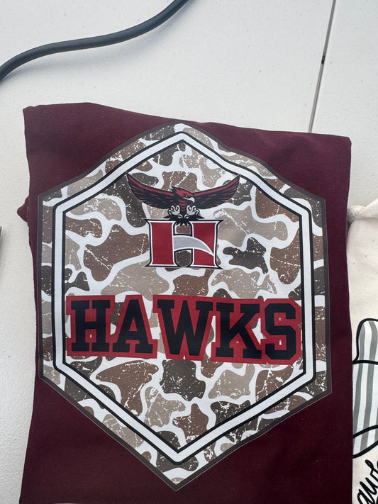 YOUTH - Hillgrove Hawks Camo - small on the front pocket area, big on the back - MAROON tee