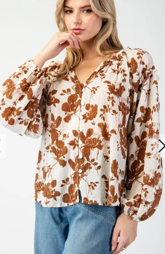 FLORAL PRINTED CRINKLE LONG SLEEVE BLOUSE TOP