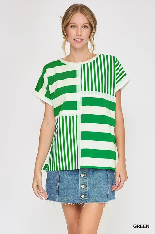 Knit Mixed Striped Boxy Cut Oversized Top with Cut Edge Details - GREEN