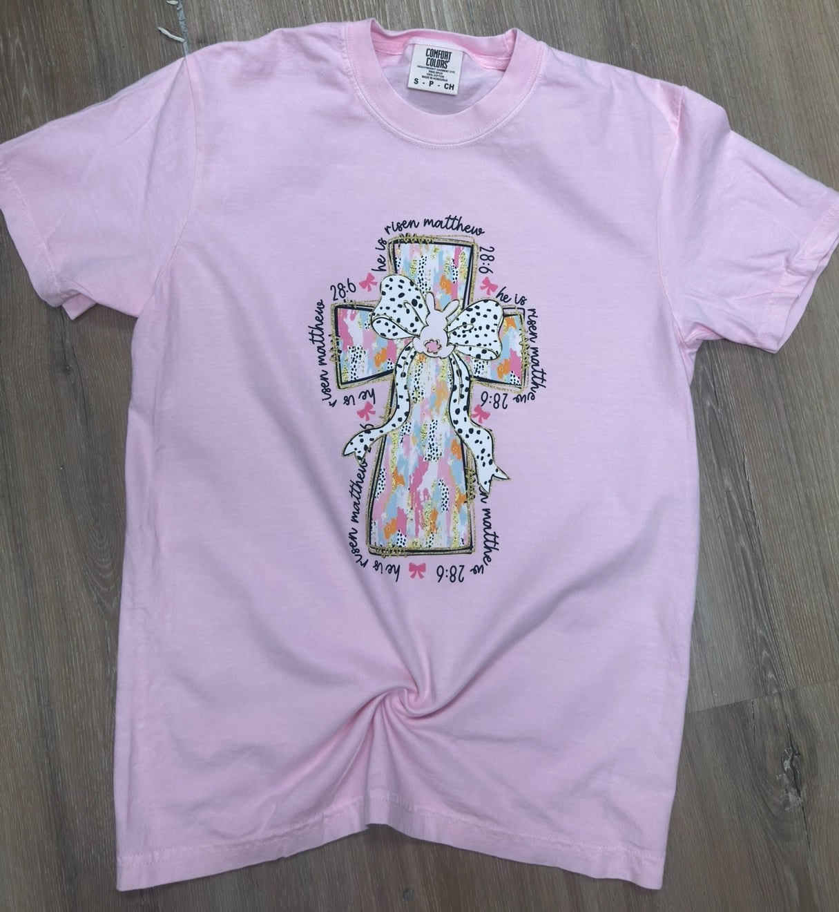 Easter Cross He Is Risen Pink Tee