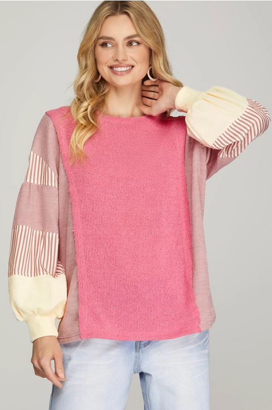 PINK LONG SLEEVE COLOR BLOCK PULL OVER KNIT TOP