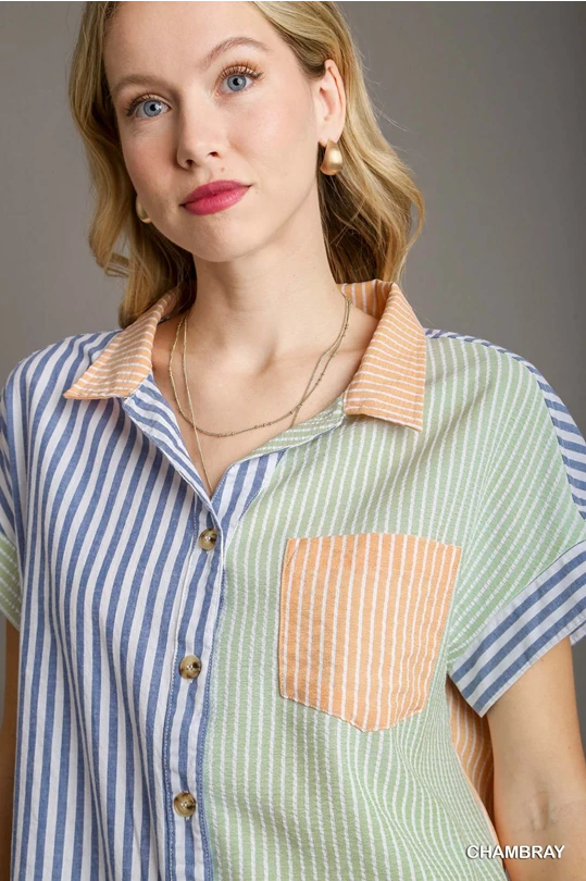 Stripped Tortoise Shell Button Down Boxy Cut Top with Chest Pocket