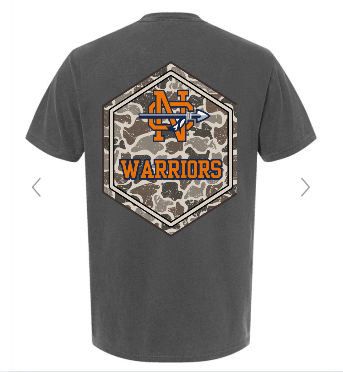 North Cobb Warriors Camo Design (pocket tee on the front, big logo on back)