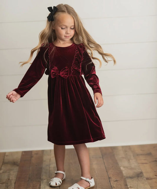 Kids Burgundy Velvet Bow Dress