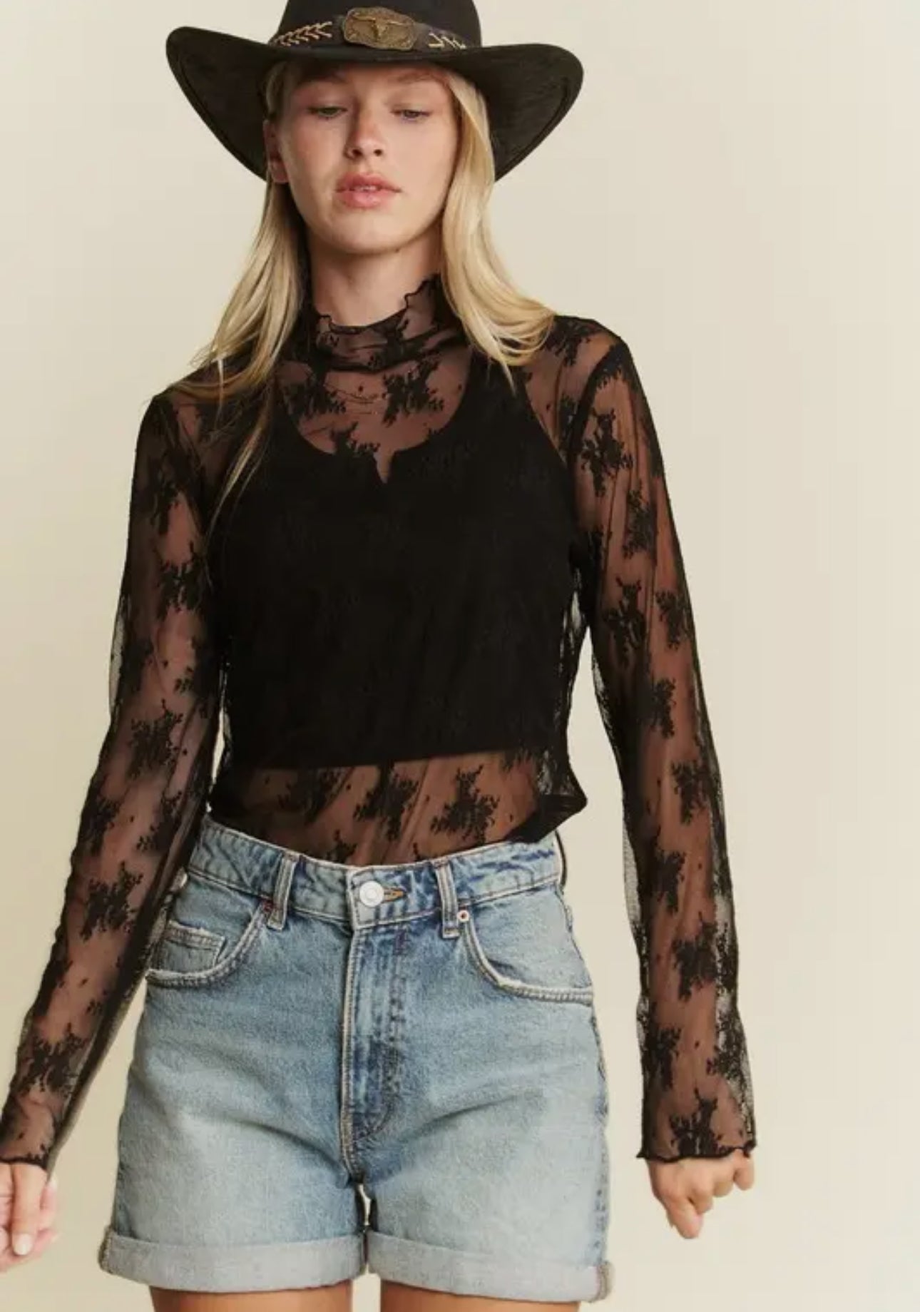 Floral Print Lace Sleeve Top Black