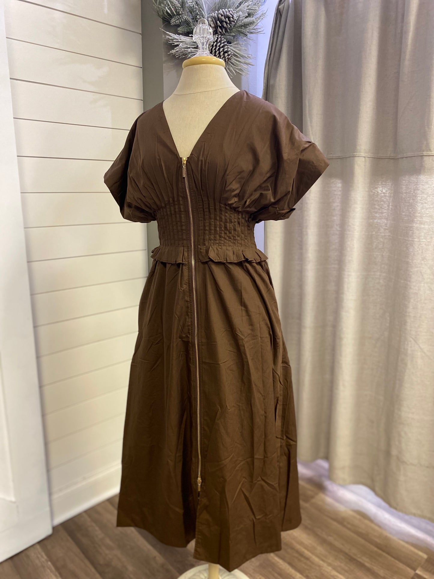 Brown Zip Down Puff Sleeve Midi Dress