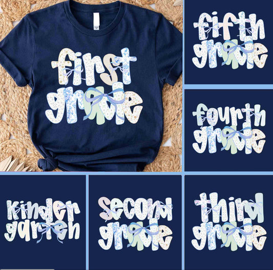 YOUTH grade level hydrangea bow on Navy tee