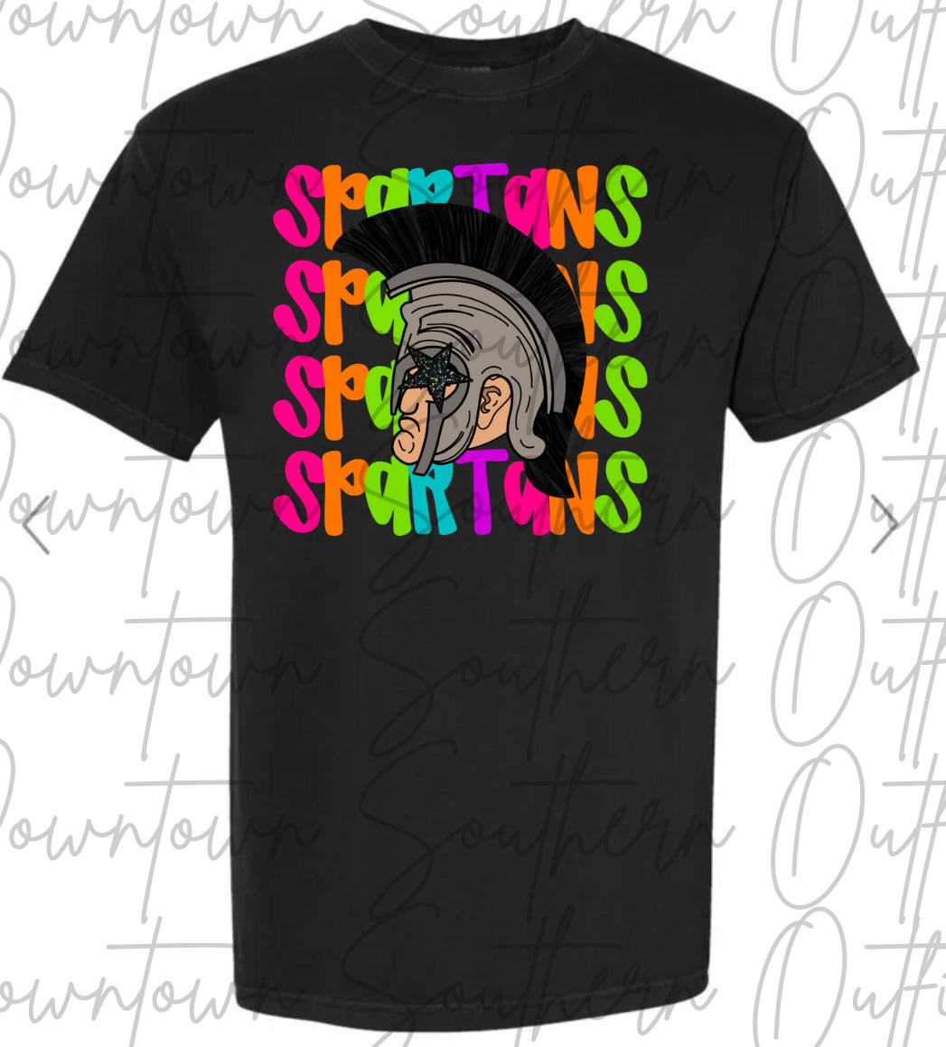 Spartans Multi Color Neon Stacked Black Tee