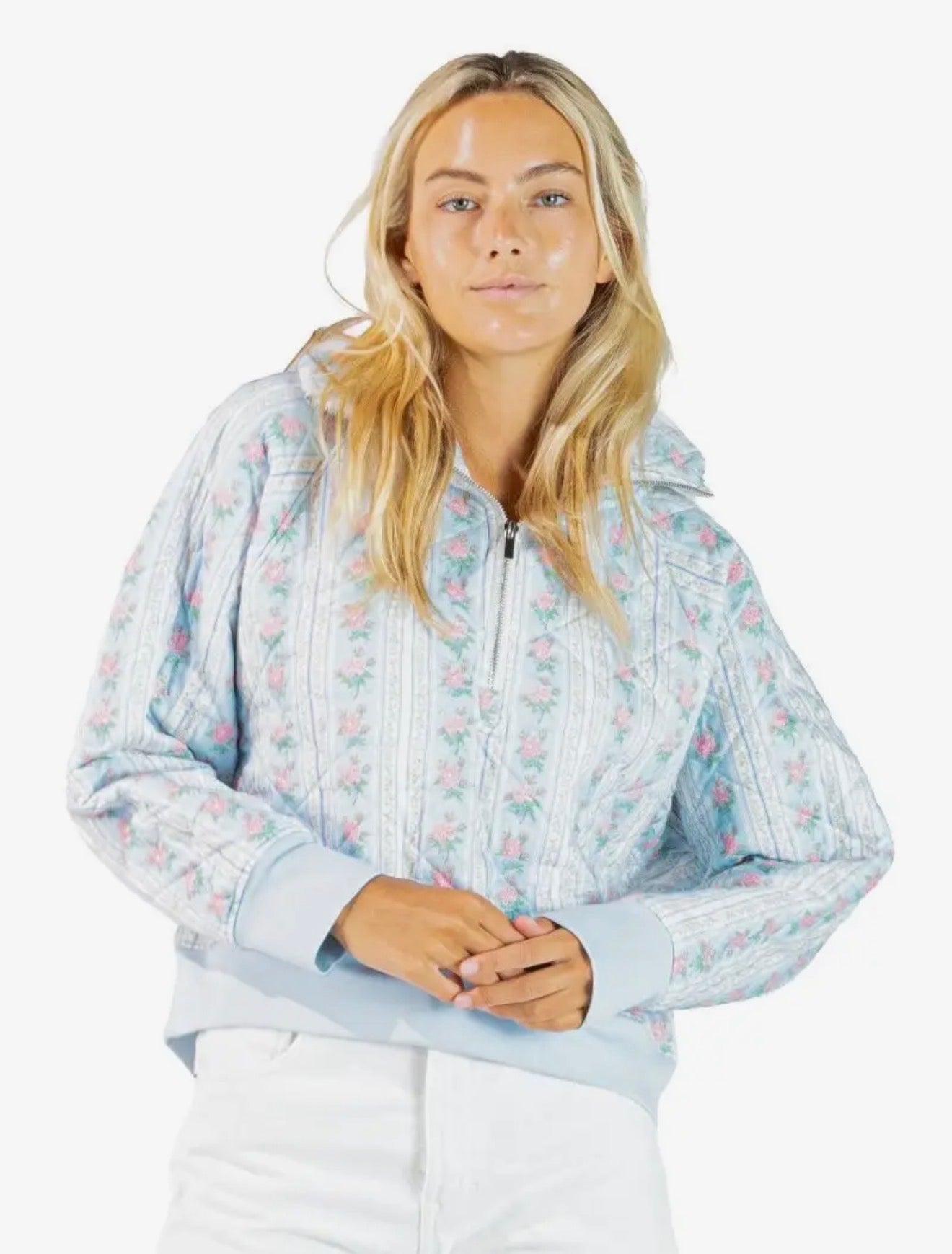 Pink and blue floral half zip pullover