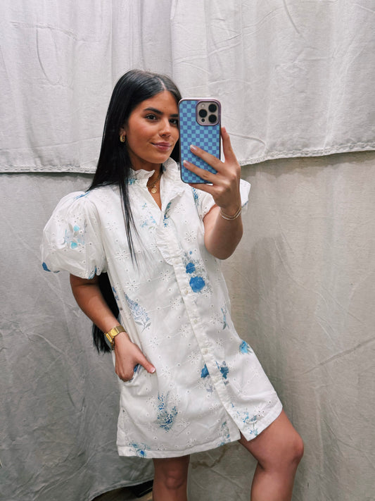 Floral print eyelet ruffled high collar short bubble sleeve mini dress