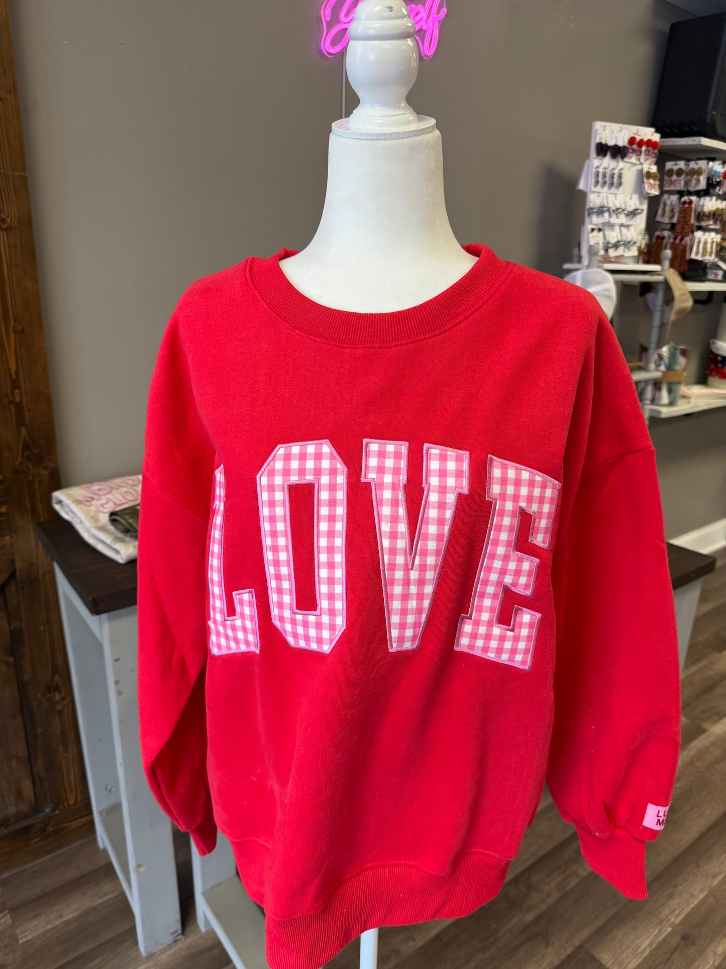 LULU MAC LOVE CHECKERED RED EMBROIDERED SWEATSHIRT