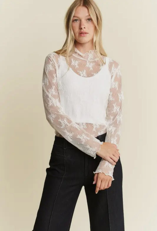 Floral Print Lace Sleeve Top White