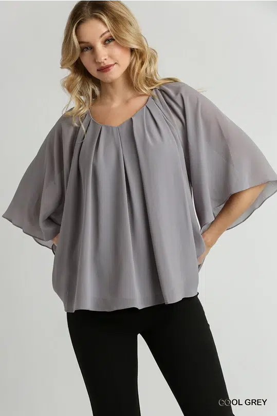 V-Neck Pleated Boxy Cut Top with 3/4 Ruffle Sleeves