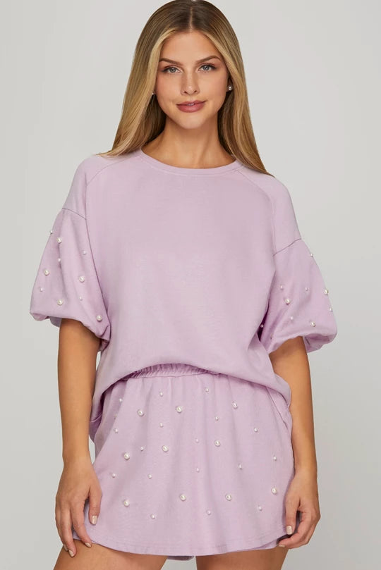 SHORT SLEEVE PEARL HEAVY KNIT TOP - LILAC