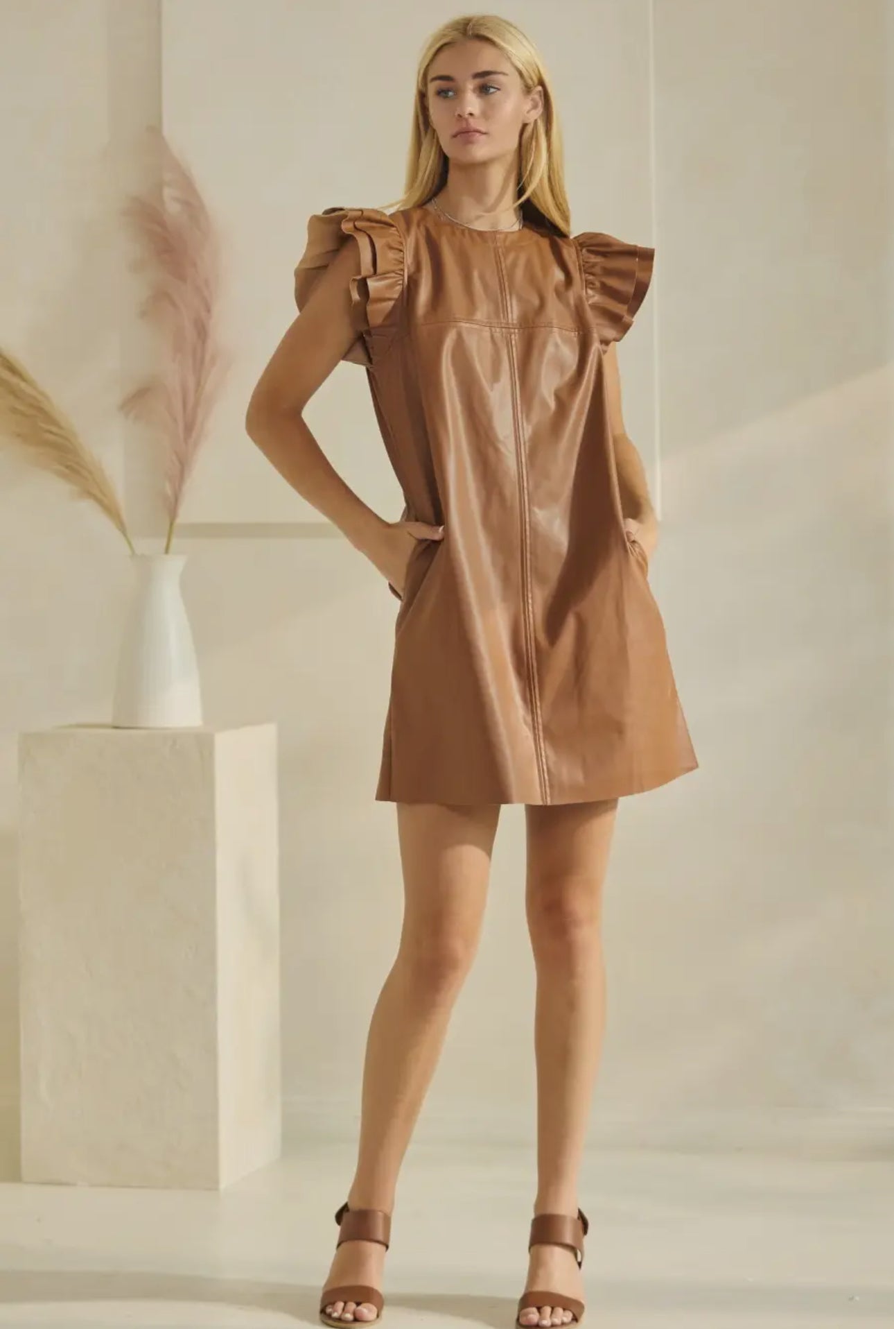 Brown Leather Mini Shift Dress