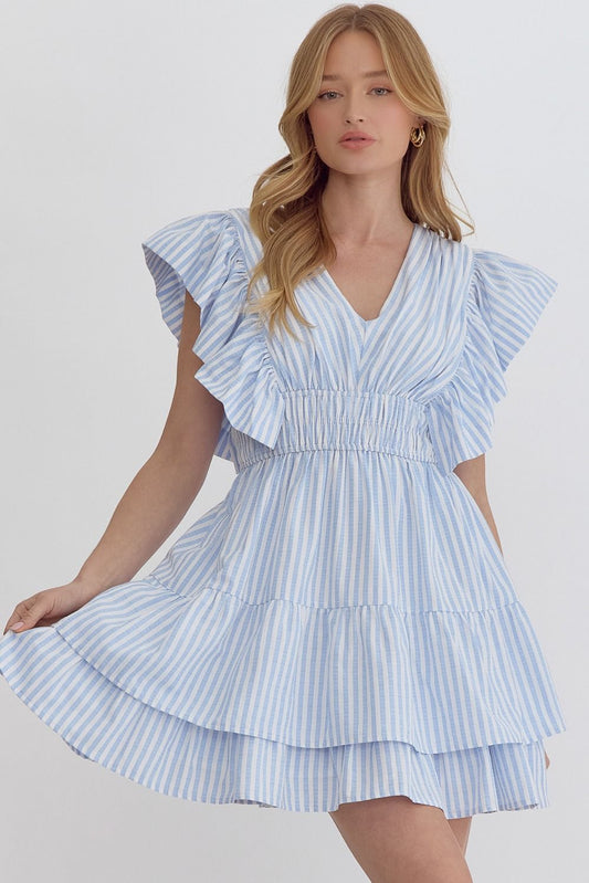 Blue Stripe print v-neck sleeveless mini dress featuring ruffle detail at shoulders