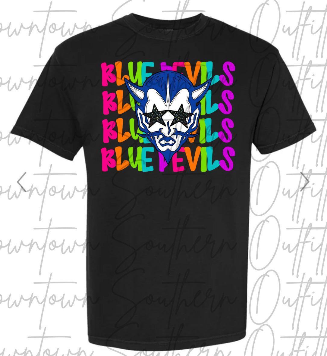 Blue Devils Multi Color Neon Stacked Black Tee