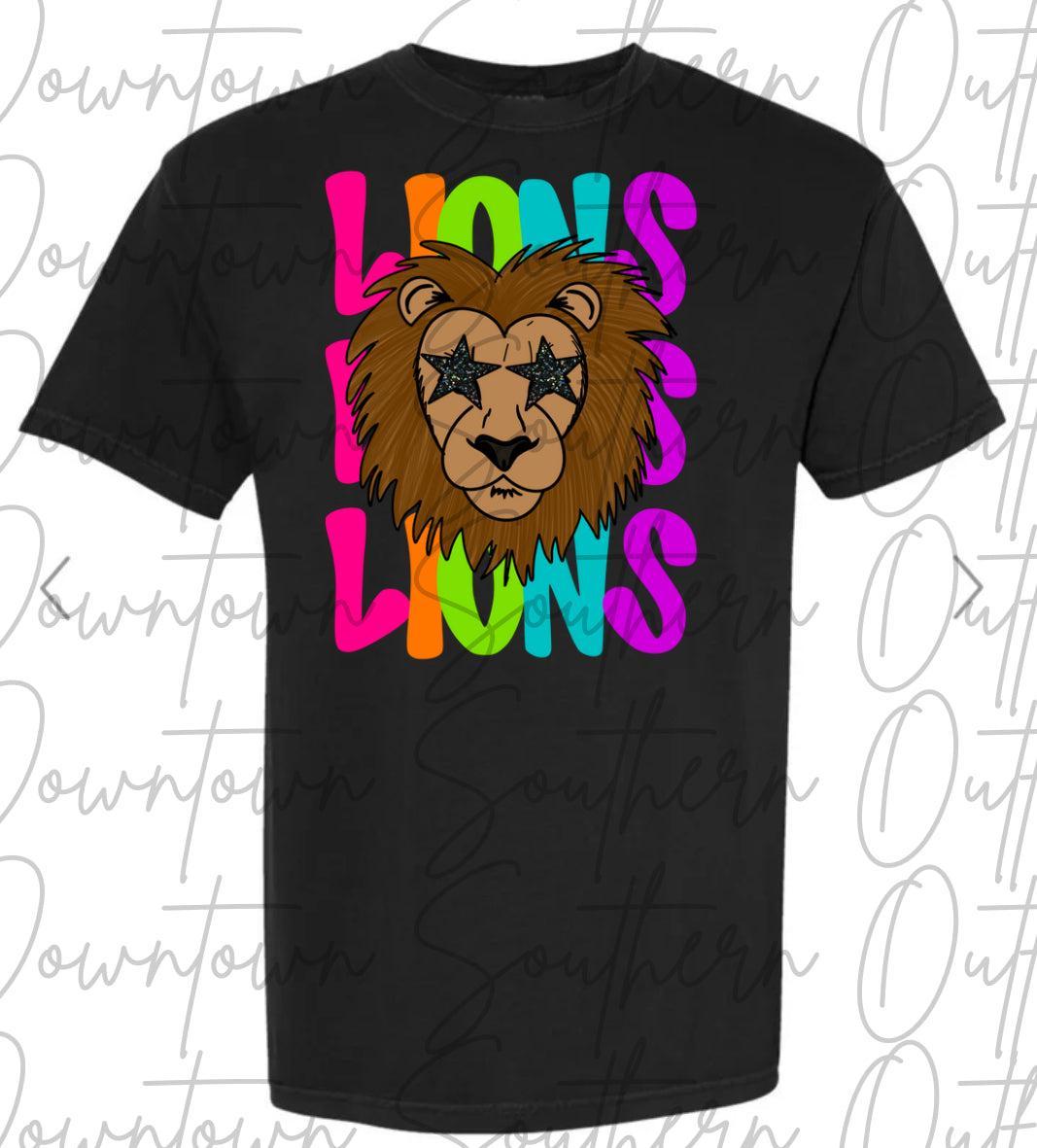 Lions Multi Color Neon Stacked Black Tee
