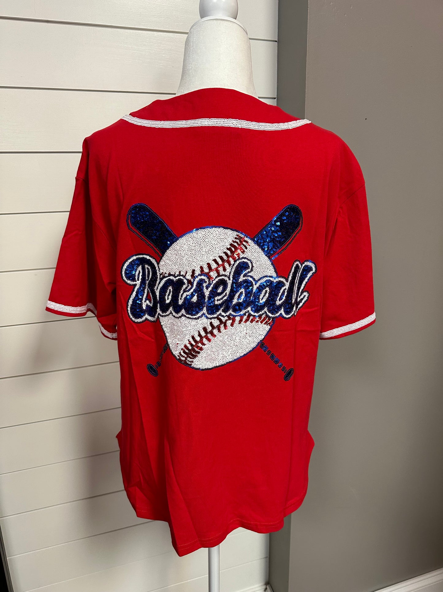 Red French Terry Baseball Top With Sequin Embroidery