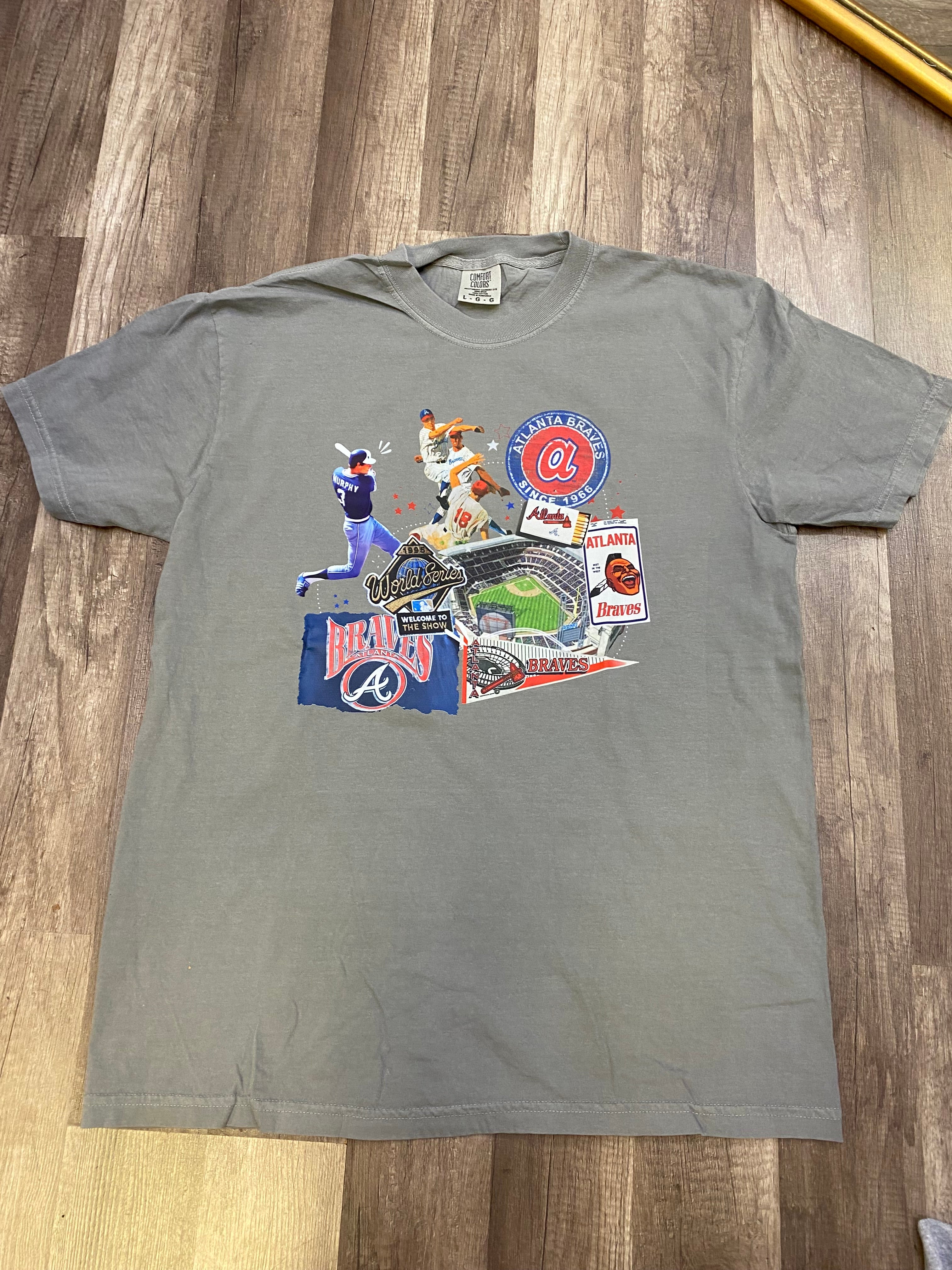 Braves Stadium, Logo, and Player Collage on grey