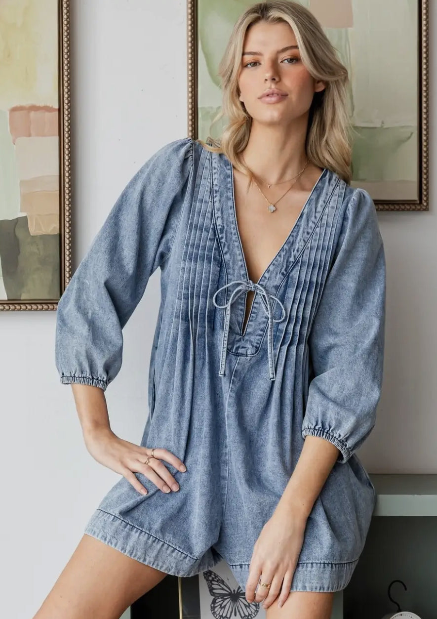 Veveret Long sleeve Front Tie Denim Romper