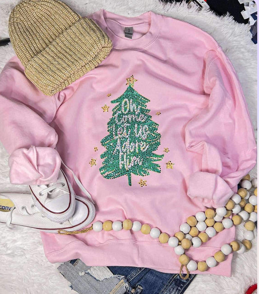 Oh let us come adore him tree sequin sweatshirt