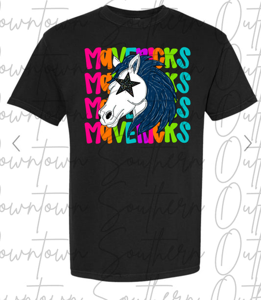 Mavericks Multi Color Neon Stacked Black Tee