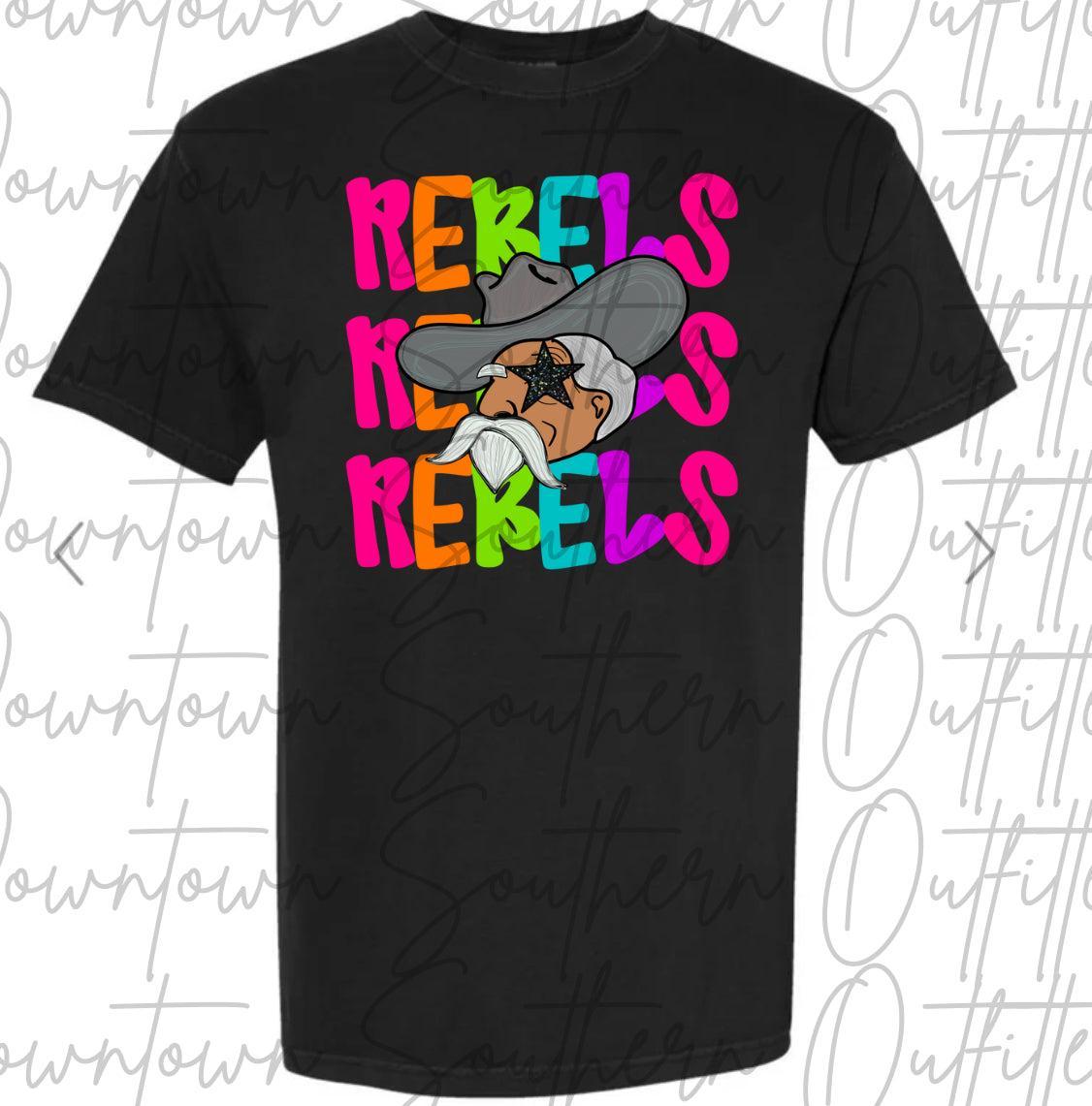 Rebels Multi Color Neon Stacked Black Tee