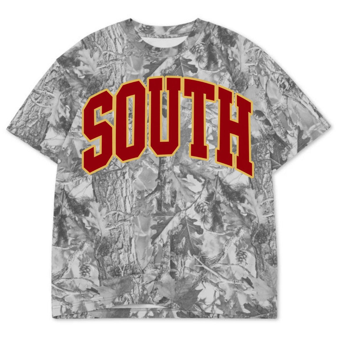 SOUTH varsity on dark camo tee